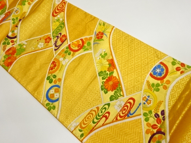 山並みに花々・丸文模様織出し袋帯